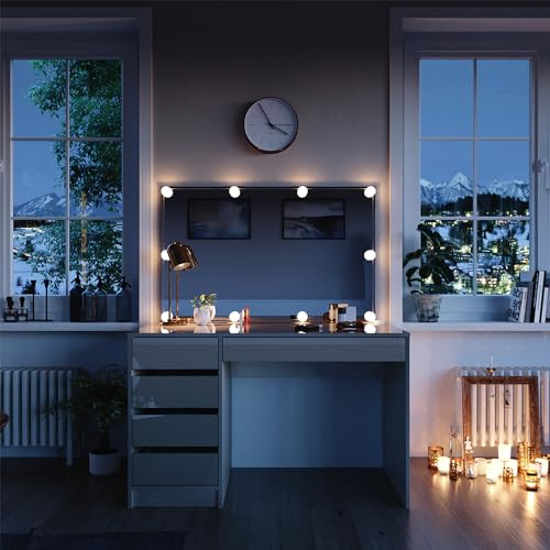 Vicco Schminktisch Sherry, Greige, 120 cm | mit LED-Kette, mit LED-Beleuchtung und großem rechteckigem Spiegel