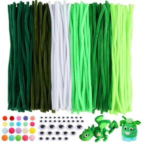 Pfeifenreiniger Grün 5 Verschiedene mit Weiß, 200 Stück Chenilledraht Pfeifenputzer zum Basteln, 30cm x 6mm Pfeifenreiniger zum Basteln mit Wackelaugen und Bunte Pompons für DIY Handwerksprojekte