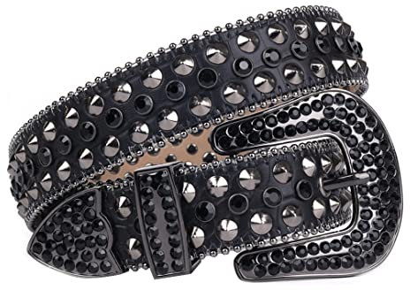 Wvapzxx Western-Strass-Gürtel für Damen und Herren, goldfarben, Nietengürtel, Lederriemen, Cowboy-Cowgirl-Schnalle, Jeansgürtel, Schwarz , 44(waist33-35inch)