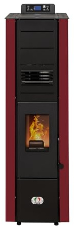 STUFE A PELLET ITALIA Colonna 8 Kw - Stufa ad Aria Ventilata Efficienza 93% Scalda 70m² Design Super Compatto Programmabile 5 Velocità e Potenze Garanzia 24 Mesi Rosso