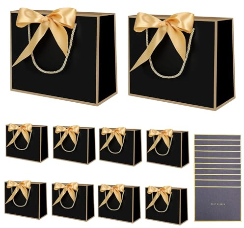 10 Stück Geschenktüten Papier,Schwarz Geschenktasche mit Gold Schleifenbändern 10Grußkarten,Geschenktaschen mit Henkel,Papiertüten für Geburtstag, Hochzeit, Festivalfeier, Weihnachten(28 x 20 x 10cm)