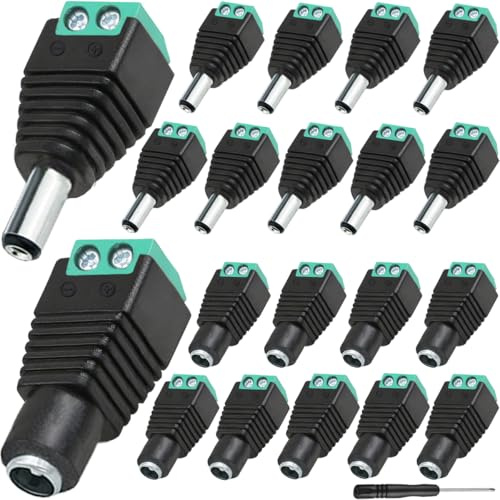 Xiatiaosann 20 pcs DC Power Connector 5.5mm x 2.5mm Male Female Power Jack Plug Adapter with screwdriver, for CCTV Camera Security Monitoring, LED Strip Light
