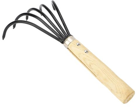 Râteau à Main, 5 Dents en Acier, Manche Ergonomique en Bois, râteau de Jardin à Griffes, Prise en Main Confortable, Facile à Utiliser, pour cultiver, Labourer et aérer Le Sol.