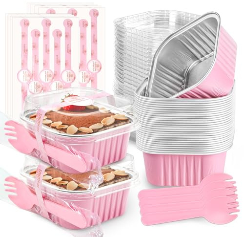 NPLUX 60 Pack Mini Cake Pans with Lids Mini Aluminum Pans, Disposable Loaf Pans Cupcake Liners with Lids for Pudding, Souffle, Party, Wedding, Mothers Day Party Favors(Pink, 5 oz)