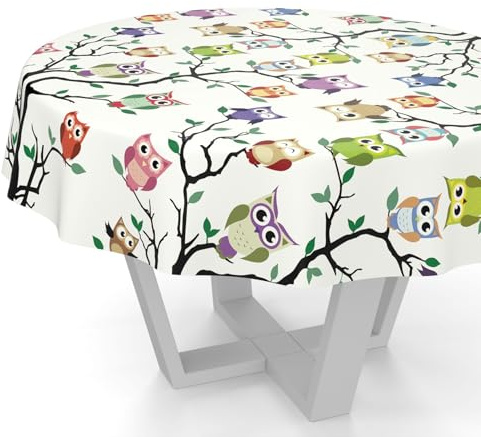 ANRO Nappe de table en toile cirée lavable pour le jardin, ronde, ovale ou rectangulaire, pour l'intérieur et l'extérieur, avec motif de chouette, bords découpés, 140 cm