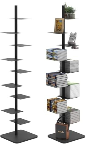 Choowin 9-Shelf Metal Spine Bookshelf Vertical Bookshelf, Adjustable Modern Floating Narrow Tree Book Shelf Book Tower, Display Shelf for Bedroom Living Room Office, 70 inch Tall, Black