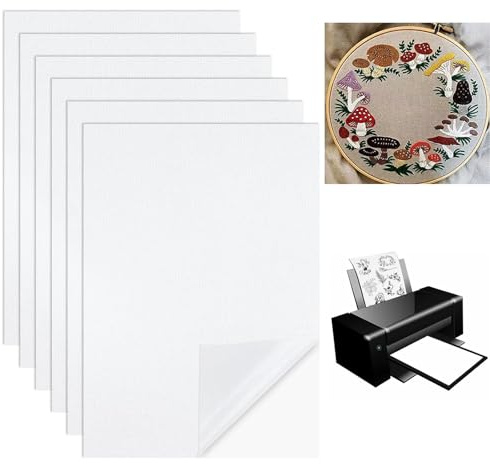 Febbya Estabilizador de Bordado Soluble en Agua,6 Piezas A4 (29.7x21cm) Autoadhesivo Soluble en Agua Papel de Bordar Imprimible Plantillas Entretela para Bordados