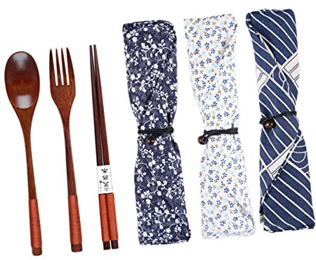 MAGICLULU 3piece Wooden Spoon Fork Set for Camping School Office Home Japanese Korea Style Easy Storage Pouch
