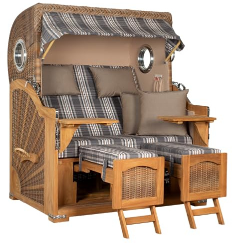MR. DEKO® Strandkorb Düne Grande XL 2,5-Sitzer Teak | PE Geflecht Banana - Dessin 522 | Volllieger Strandstuhl mit Bullauge inkl. 2 Fußablagen | je 2 Kissen und Nackenkissen | Strandkörbe aus Teakholz