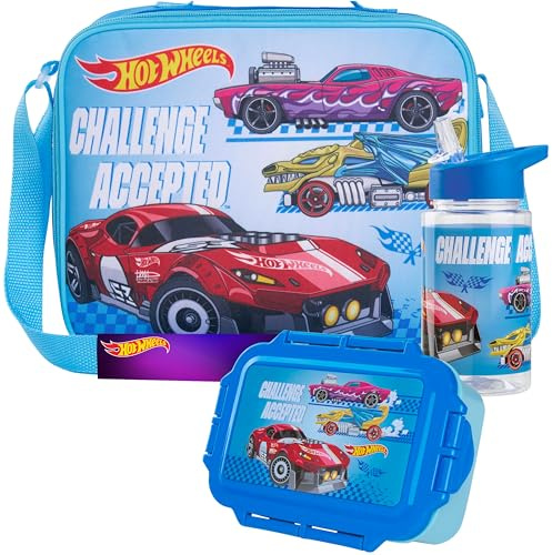 Get Trend Hot Wheels Water Bottle Lunch Bag and Lunch Box Kids Set 3 Pcs School Supplies Bento Snack Box BPA Free Leakproof for Travel (Blue Hot Wheels)
