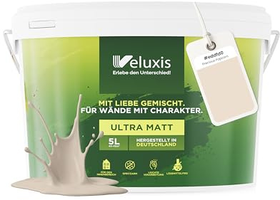 Veluxis Wandfarbe Beige Creme Hellgrau matt 5 L – Precious Popcorn | Innenfarbe mit Deckkraft Klasse 1, VOC-frei, ohne Grundierung, tropfarm, für Wohnzimmer und Schlafzimmer