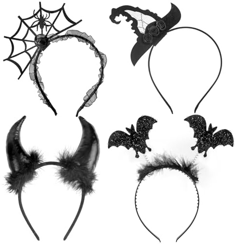 HOWAF 4PCS Halloween Haarreif Set, Halloween Haarschmuck Fledermaus Haarreif Spinnen Teufelsohren Hexenhut haarreif Kopfschmuck Headband Haarreifen für halloween Kostüme Damen Horror Kostüm