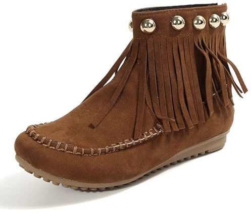 Generisch Botas de vaquero para mujer, de ante en el tobillo, botas de invierno, botines vintage con flecos, botines con cremallera, botines de equitación, monocolor, para mujer, medias botas, zapatos