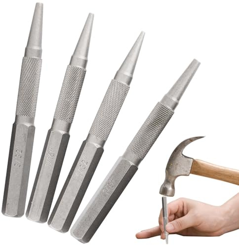 4pcs Carpenter Center Punch Set, Professional 1/32, 1/16, 3/32 Nail Setter & 1/32 Nail Setter & Center Punch Tool with Knurled Grip for Carpenters Woodworkers