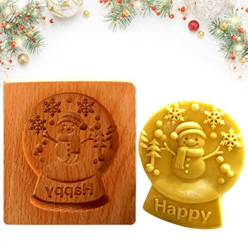 Christmas Wooden Cookie Mold - 3D Biscuit Cutter with Embossing Design for Gingerbread, Springerle, Cakes - DIY Holiday Baking Press Stamps Tools Gift for Xmas (Snow Globe)