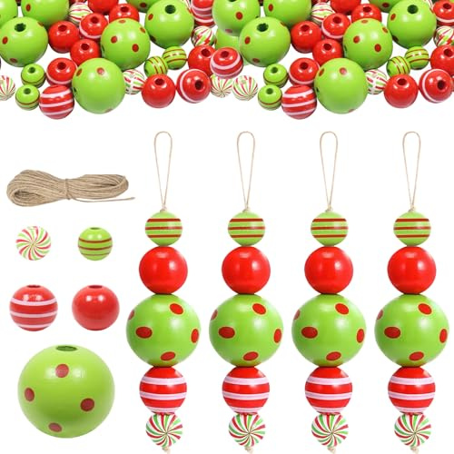 Leonshco 60 Stück Weihnachten Holzperlen Deko, Bunte Weihnachtsperlen zum Auffädeln, DIY-Bastelset Weihnachten Anhänger, 5 Stile mit 10m Hanfseil, für Den Winter, Zuhause, Weihnachtsbaumdekoration