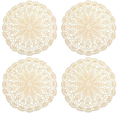 4 PCS Crochet Lace Doilies 10 Inch Lace Table Mat Crochet Round Handmade Laces Placemats Knitted Tablecloth Corrugated Edge Tables Vintage Doily for Kitchen Dining Room Wedding Party Decor Beige
