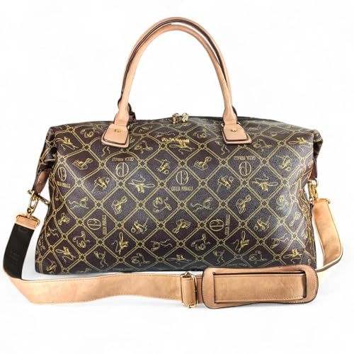 Giulia Pieralli XXL Reisetasche Damen Herren Groß Weekender Sporttasche Handgepäck Braun Beige Kunstleder Vintage Schultertasche Weekendtasche (Caffe-Crema (Braun-Beige))
