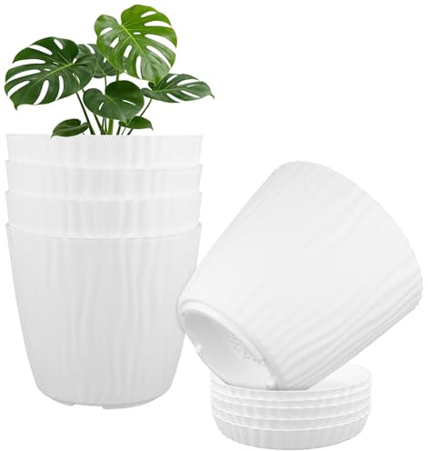 MAHIONG 5 st vita blomkrukor, plastväxtkrukor inomhus med dräneringsbricka, 18 cm modern planteringskruka för husväxt
