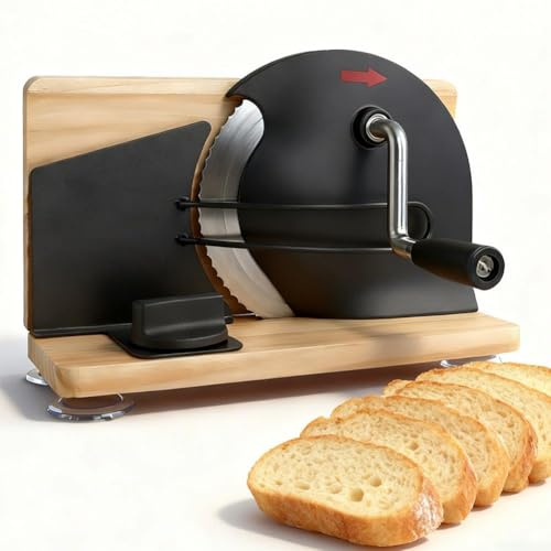Manual Bread Slicer with Adjustable Thickness - Hand Crank Stainless Steel Slicer for Sourdough, Toast, Pastries, Solid Wood Base, Non-Slip Suction Cups (Black)
