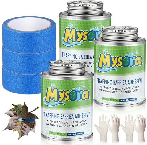 Mysora Kit de revestimiento de pegamento adhesivo, paquete de 3 (6.8 onzas cada uno) revestimiento de trampa de insectos con cepillo y 3 cintas azules para atrapar y 2 pares de guantes, crea ciervos