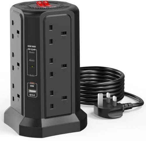 Tower Extension Lead 1.8M with PD65W USB C Fast Charger and 5 USB Slots | 12 Way Surge Protected Extension Lead with 5 USB Slots (4C1A), HAFINO Extension Cable for Home, Office, Black