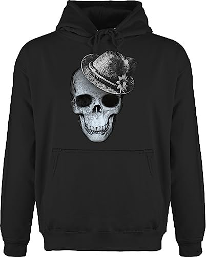 Hoodie Herren Pullover Männer - Kompatibel Oktoberfest - Totenkopf mit Filzhut - L - Schwarz - bayrische skull kapuzenpullover octoberfest bayernhut bayerischer seppl hut oktoberfest- edelweiss