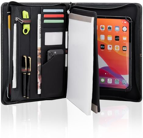 Calfinder Konferenzmappe A4 Leder mit Reißverschluss 12.9 Zoll Tablettasche echtes Rindsleder Premium Handgefertigte Lederschreibmappe,Schreibmappe,Ledermappe, Dokumentenmappe,Businessmappe,Aktenmappe