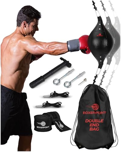 Boxerpoint Sac de Boxe à Double extrémité – 17,8 x 17,8 cm Ovale Rouge/Blanc/Noir – Cuir synthétique et Cordons élastiques réglables – Sac de Frappe pour Enfants et Adultes