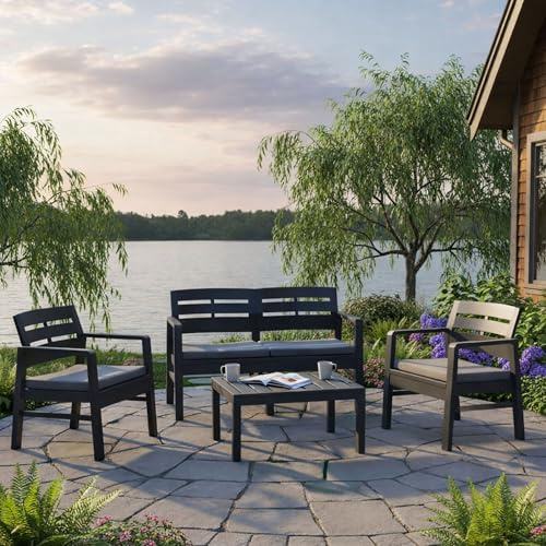 Dmora - Set Salotto da Esterno Massa, Composizione da Giardino con 2 poltrone, 1 Divano ed 1 tavolino, Salottino Indoor e Outdoor con Cuscini, 100% Made in Italy, Antracite
