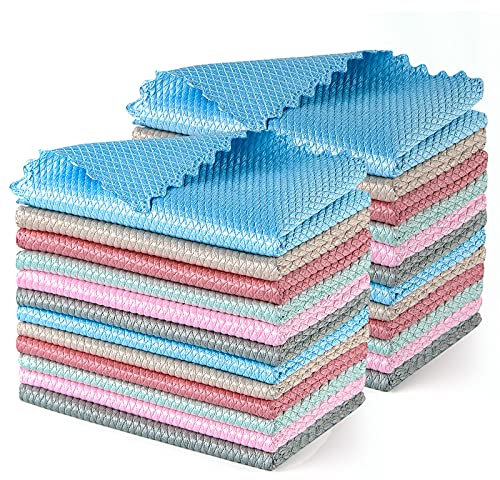 Mototo 24 Pieces Fish Scale Microfiber Polishing Cleaning Cloth Reusable Microfiber Lint Free Scrubbing Cloth Multi-Purpose Towels for Glass No Watermark Dishes Mirrors Windows, 6 Colors, 9.8” x 9.8”