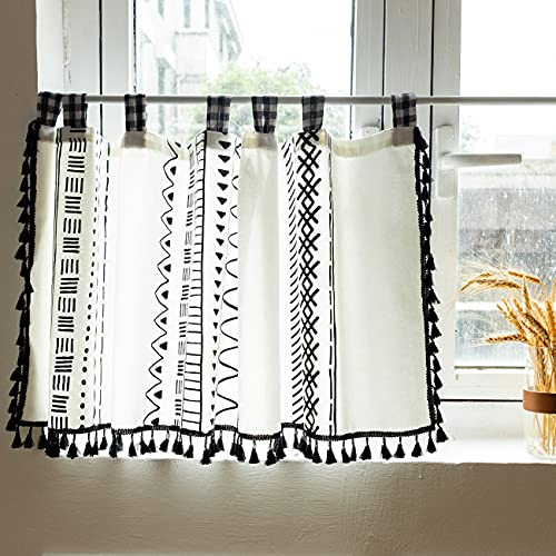 Lsimeru Boho Style Scheibengardinen Kurzstores 100x140cm Schwarz Weiß Geometrisch mit Schlaufen,Modern Küchengardinen Gardinen Küche Kurz Halbtransparent halbvorhang Fenster