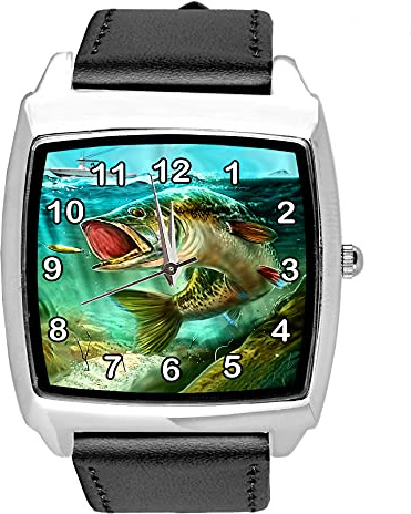 TAPORT® Svart läder kvarts fyrkantig klocka för fiske fans E1