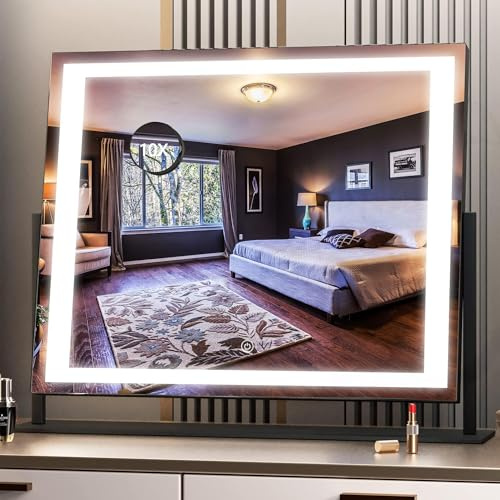 Hasipu Schminkspiegel mit Beleuchtung 62 x 50 cm, LED Kosmetikspiegel 10x Vergrößerung, 3 Farbtemperaturen, Touch Control Tischspiegel, 360° Drehung, Spiegel für Make-up Schwarz