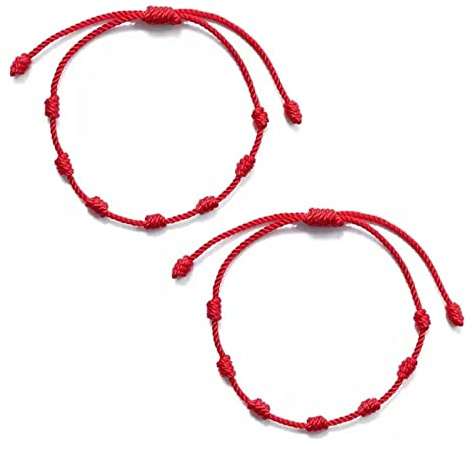 2Pcs Bracciale 7 Nodi e bracciale filo rosso del Destino - Bracciale Kabbalah di corda per Sorte, Amicità e Amuleto - Regolabile - Protezione di Male di Occhio, per Coppia Amore Uomo e Donna