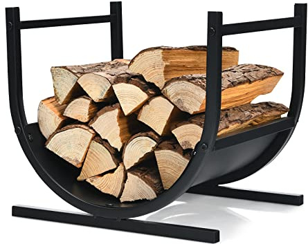 TANGZON Firewood Rack, Fireplace Log Holder with U-Shaped Frame | Heavy Duty Log Stand, Rust-Resistant Black Steel, Raised Base, 30 kg Capacity, for Fireplace, Stove, Porch and Garden