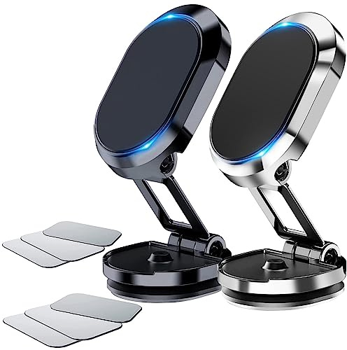 2 Pack Alloy Folding Magnetic Car Phone Holder,360° Rotation Magnetic Cell Phone Holder for Car [Super Strong Magnet] Bracket Magnetic Dashboard Phone Car Mount for All Smartphone (Silver+Black)