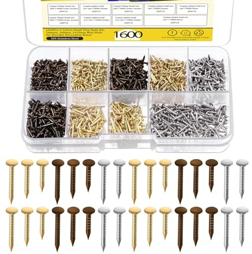 Mardatt Kit assortito di 1600 chiodi piccoli in 3 misure, 1 x 6 mm, 1 x 8 mm, 1 x 10 mm, piccoli chiodi in legno, piccoli chiodi assortiti per appendere la lavorazione del legno (oro, argento, bronzo)
