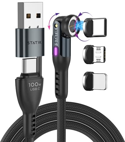Statik 360 Pro Magnetic Charging Cable, USB-C Micro-USB Lightning 100W | Includes USB-C, Micro-USB & Lightning tips. USB-A adapter included. Fast charging & data transfer. 6FT,Black