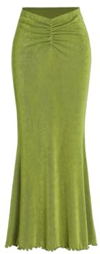 CIDER High Waist Skirts for Women - Solid Fishtail Ruched Bodycon Long Maxi Skirt Lettuce Trim Stretchy Dress Spring Fall: Green, S