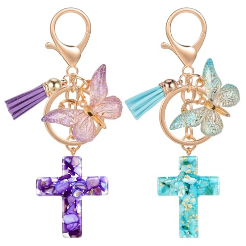 MWOOT 2 Pièces Porteclés Croix Porteclés Bibliques Chrétiens Breloques pour Sacs à Dos et Sacs à Main pour Femmes Filles, Bleu et Violet