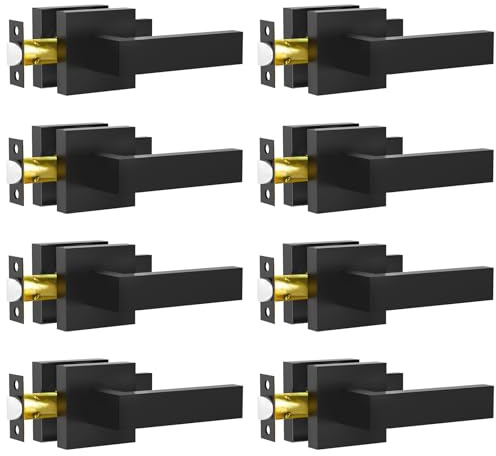 RAZCC Passage Door Lever, 8 Pack Matte Black Interior Door Handles for Hallway and Closet, Heavy Duty Square Interior Keyless Door Handles Non-Locking Door Knobs for Right & Left Side Door