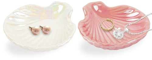 Dmnnlp 2 Pcs Trinket Dish Shell, Unique Gifts for Women Jewellery Dish, Ceramic Decorative Trinket Tray for Room Bedroom Rings Earrings Necklace Storage (White Pink)