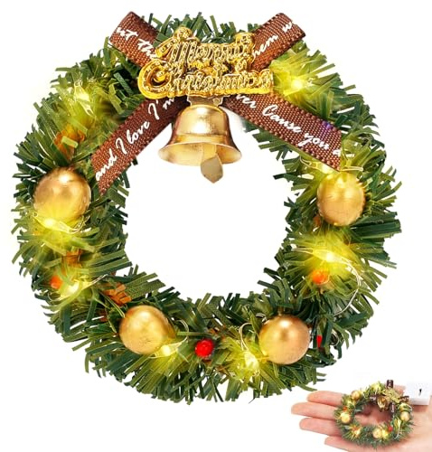 Mini Weihnachtskranz, Miniatur Weihnachtskranz Miniatur Weihnachtskränze mit Lichterkette Miniatur, Mini Weihnachtsschmuck Kranz, Puppenstube Weihnachten Kranz für Puppenhaus Dekoration Weihnachten
