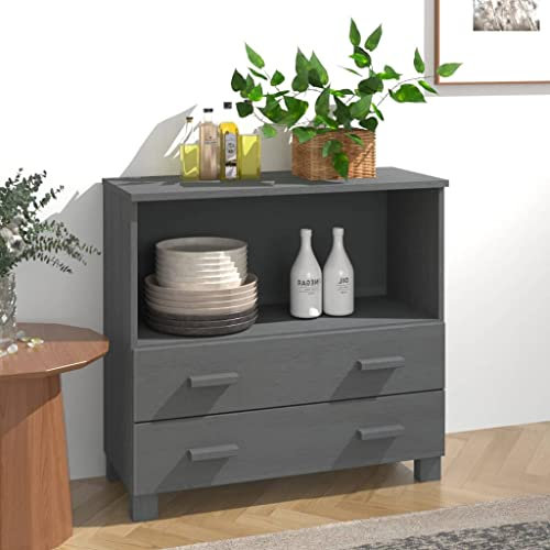 Higsose Buffet Esszimmer 85x35x80 cm Highboard mit Holzgriffen und 2 Schubladen Aufbewahrungsschrank Beistelltisch Schubladenschrank Beistellschrank Komodenschrank Dunkelgrau Massivholz Kiefer