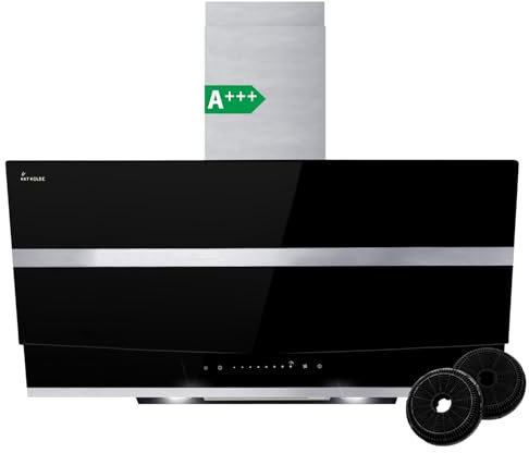 Hotte aspirante cuisine 90 cm | Hotte Murale Inclinées | acier inoxydable | verre noir | arrête automatiquement | Opération tactile | HERMES9005S