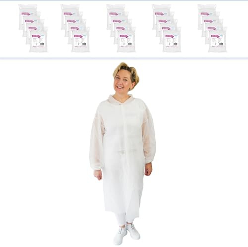 10x ARNOMED PP-Schutzkittel Weiß, Schutzkittel Einweg XL 145x115cm, Einmal Kittel mit 4 Druckknöpfen, Einwegkittel 23g/m² Vlieskittel lebensmitteltauglich, Besuchermantel Einweg Kittel Einmalkittel