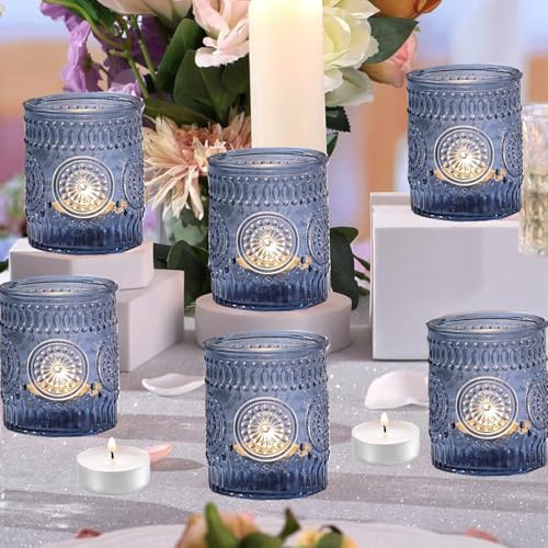 Blaue Votivkerzenhalter, 12 Stück Glas-Teelicht-Kerzenhalter für Hochzeit, Party, Heimdekoration (12, Blau)