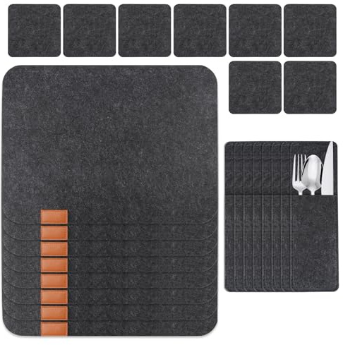 Beylce 24er Set Tischsets Platzsets Abwaschbar,Telleruntersetzer, Filzset, Platzdeckchen Mit 8 Tischsets, 8 Glasuntersetzer, 8 Bestecktaschen (Dunkelgrau, Eckig)