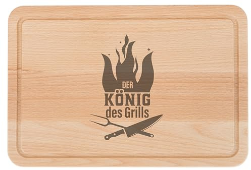 Großes Brotzeitbrett, Schneidebrett aus Buchenholz, mit Gravur 'Grillen', 30x20x1,5cm und Saftrille. Geölte Oberfläche hochwertige Lasergravur (König des Grills)